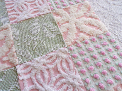 vintage 6" chenille fabric squares, set of 16 quilt blocks in rose bloom pink, sage green & white geometric and floral prints