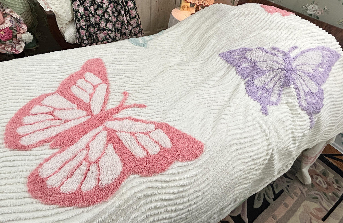 Butterfly Chenille Bedspread, Y2K Vintage Style Whimsy Butterflies, Full Queen Size