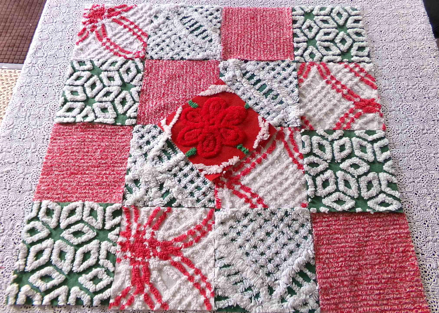 Vintage ChristmasChenille Fabric Squares, Set of 17 Festive Red, White & Green 6" Cotton Quilt Blocks