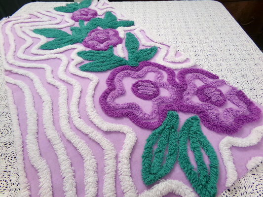 Violet Roses Vintage Chenille Bedspread Fabric 16x32" Sweeping White Waves