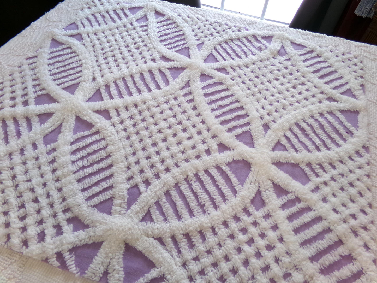 Spring Lavender Vintage Chenille Fabric, white geometric design, sewing craft quilt material, 22" x 25" piece