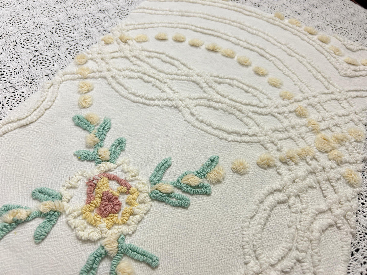 Vintage Rose Chenille Fabric, Cottage Chic 12x18" Cream Floral Sewing Textile