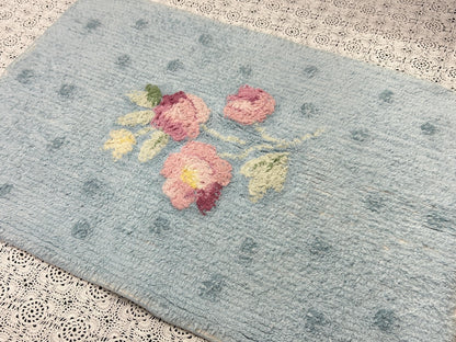 Small Vintage Chenille Rug, Pink Roses & Dots Blue 16" x 24" Accent Mat / Wall Hanging