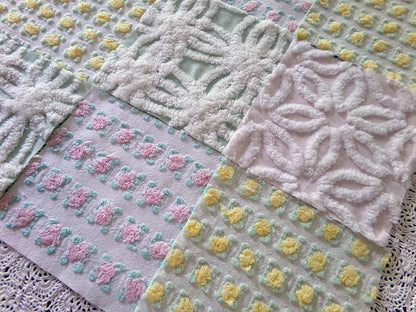 spring medley vintage chenille fabric squares, set of 16 pretty 6" quilt blocks, yellow & pink rosebud, daisy flower, white, mint green
