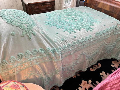 Seafoam Vintage Satin Bedspread Aqua Glamour Tufted Chenille Full Sz