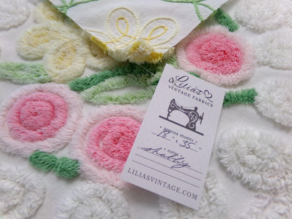 Dreamy White Floral Vintage Chenille Bedspread Fabric Sewing & Quilt Material 18" x 35"