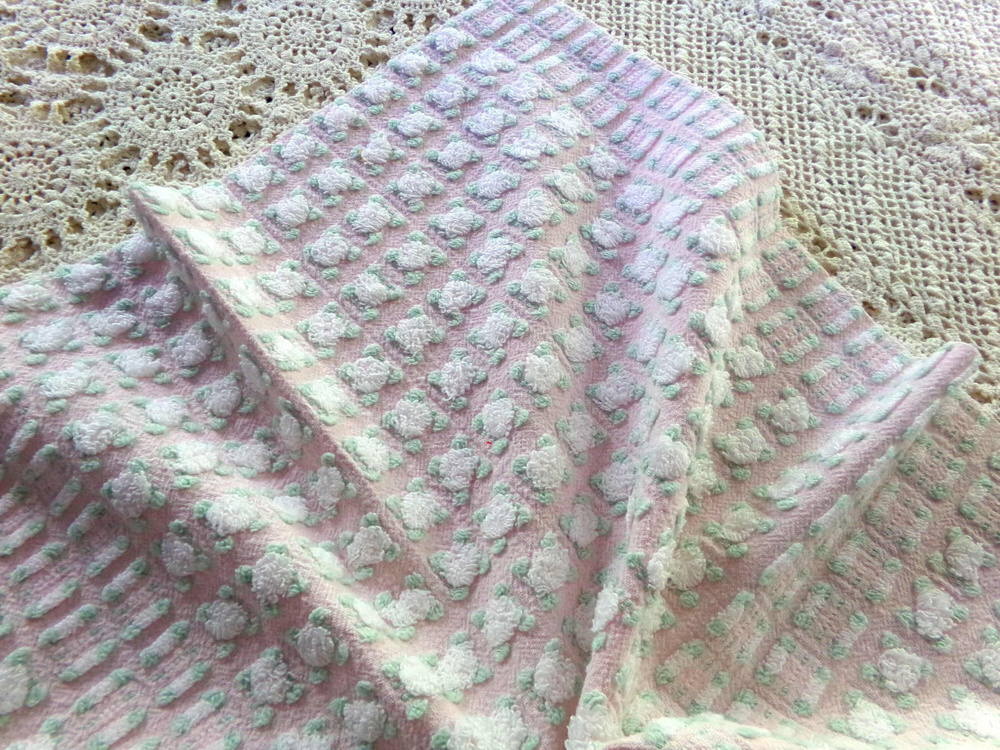 phantom white rosebud chenille fabric, 18" x 24" inch piece of dusty pink vintage Morgan Jones rosebuds quilt material for sewing & crafts