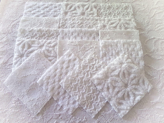 Snow Baby Chenille Fabric Squares Set of 16 White Quilt Blocks, 6" x 6" inches each, Diamond, Squiggle Daisy & Hobnail Texture Patterns