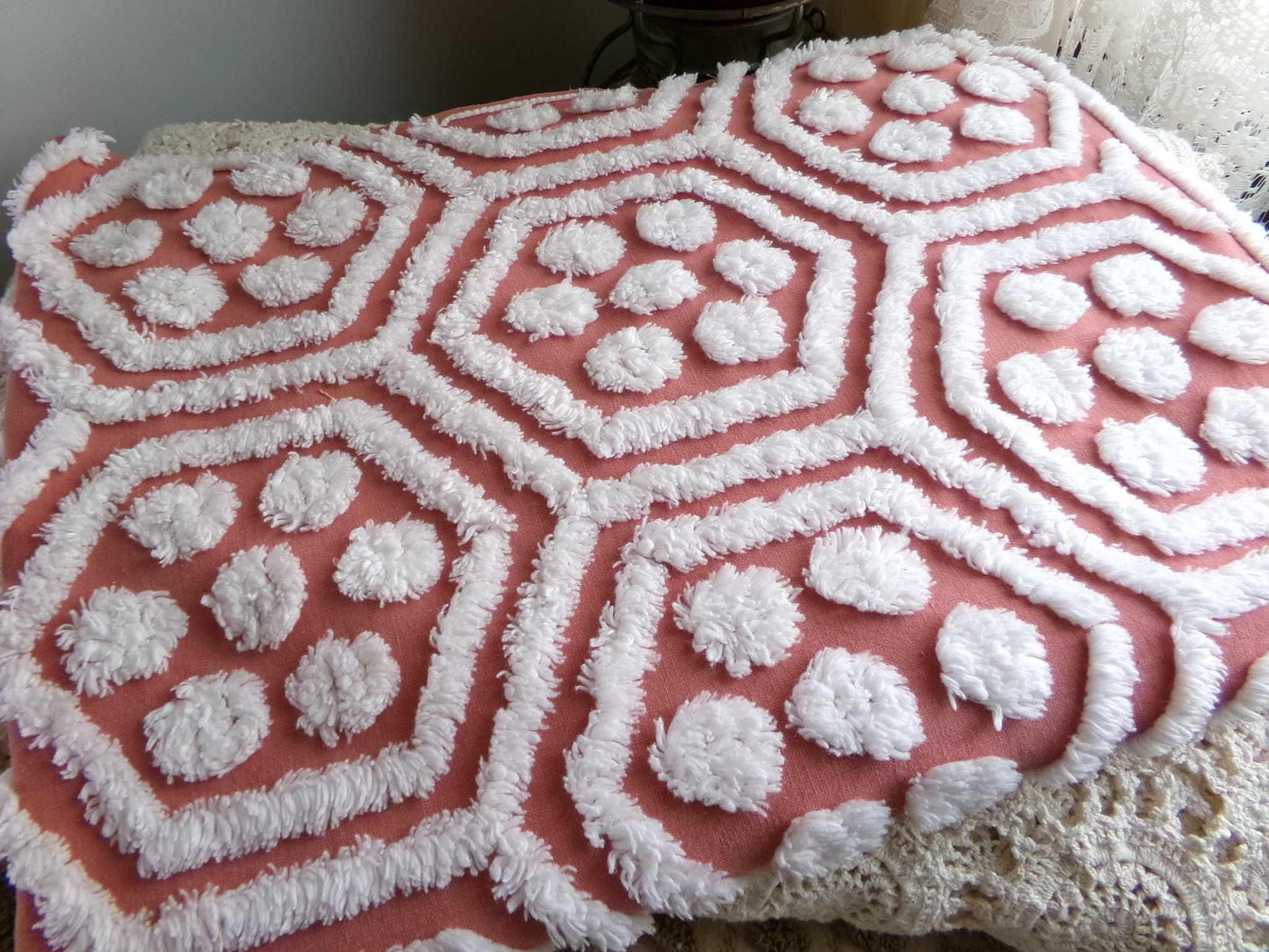 boho vintage chenille fabric, white tufted terracotta geometric design, 18" x 24" quilt material