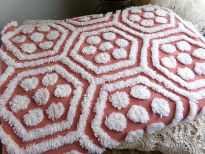 boho vintage chenille fabric, white tufted terracotta geometric design, 18" x 24" quilt material