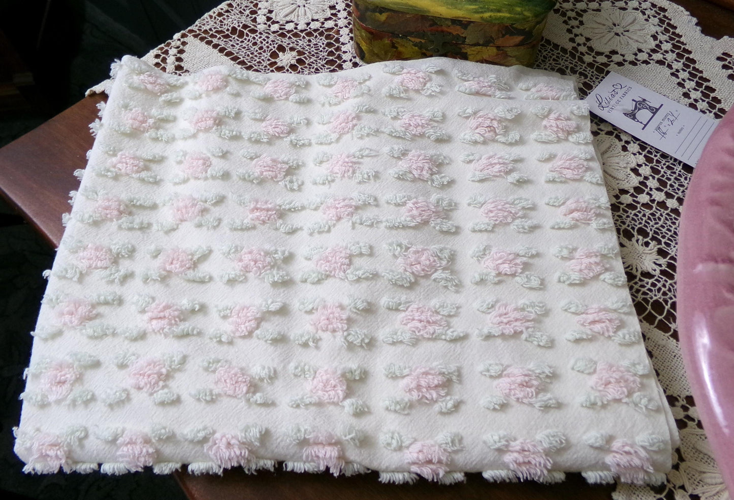 Creamy Vanilla Pink Rosebud Vintage Chenille Bedspread Fabric, 18 x 24"