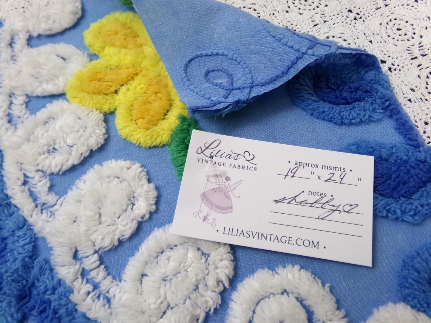 Colorful Blue Vtg Chenille Bedspread Fabric 19x24" Pc Floral Sewing Material