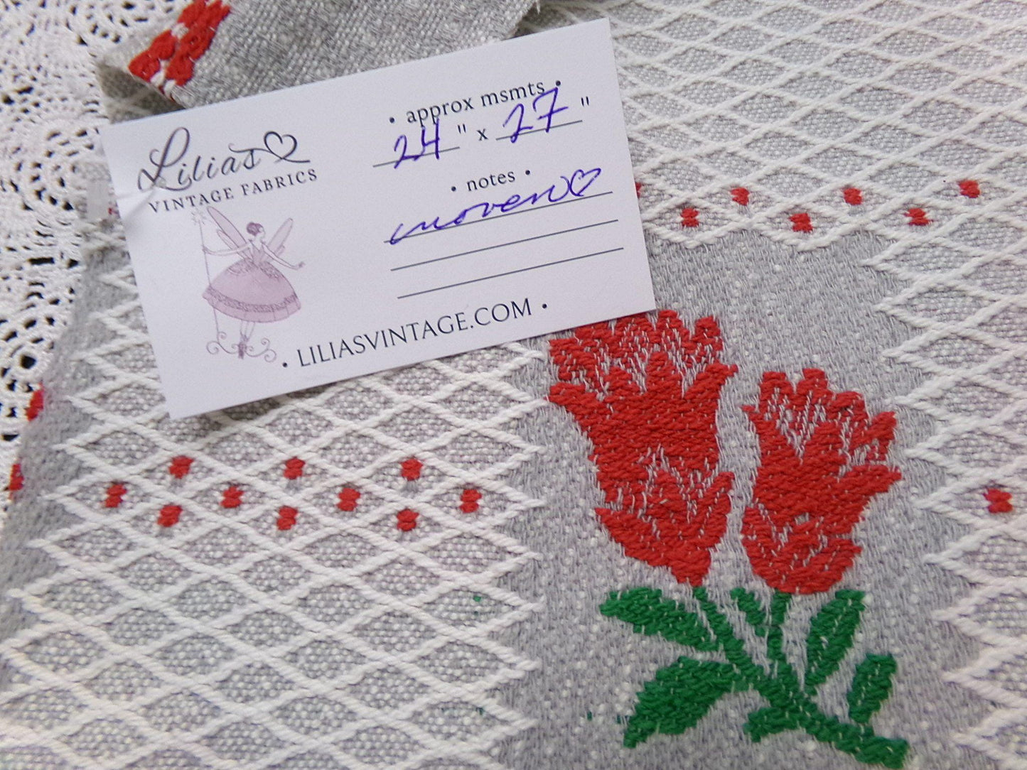 Vintage Woven Fabric, Steel Grey Red Floral Lattice Reversible Cut Piece 24" x 27"
