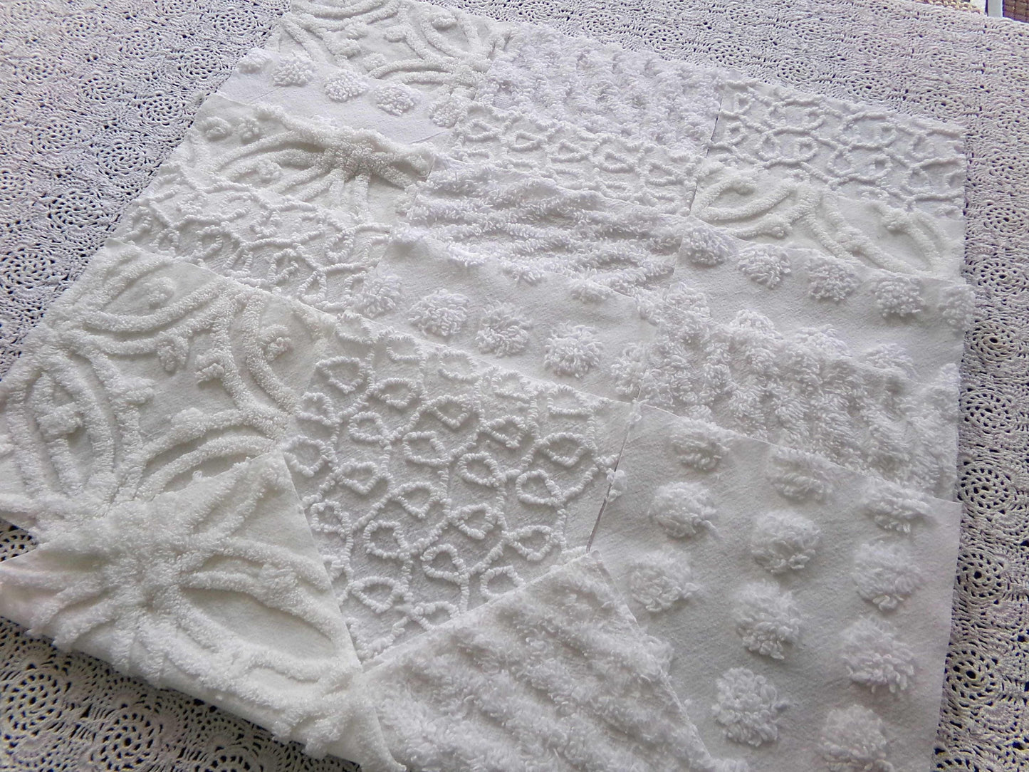 Weathered Whites Vintage Chenille Fabric Squares, 17 Blocks, 6" x 6" inch, Neutral Shades of Classic White