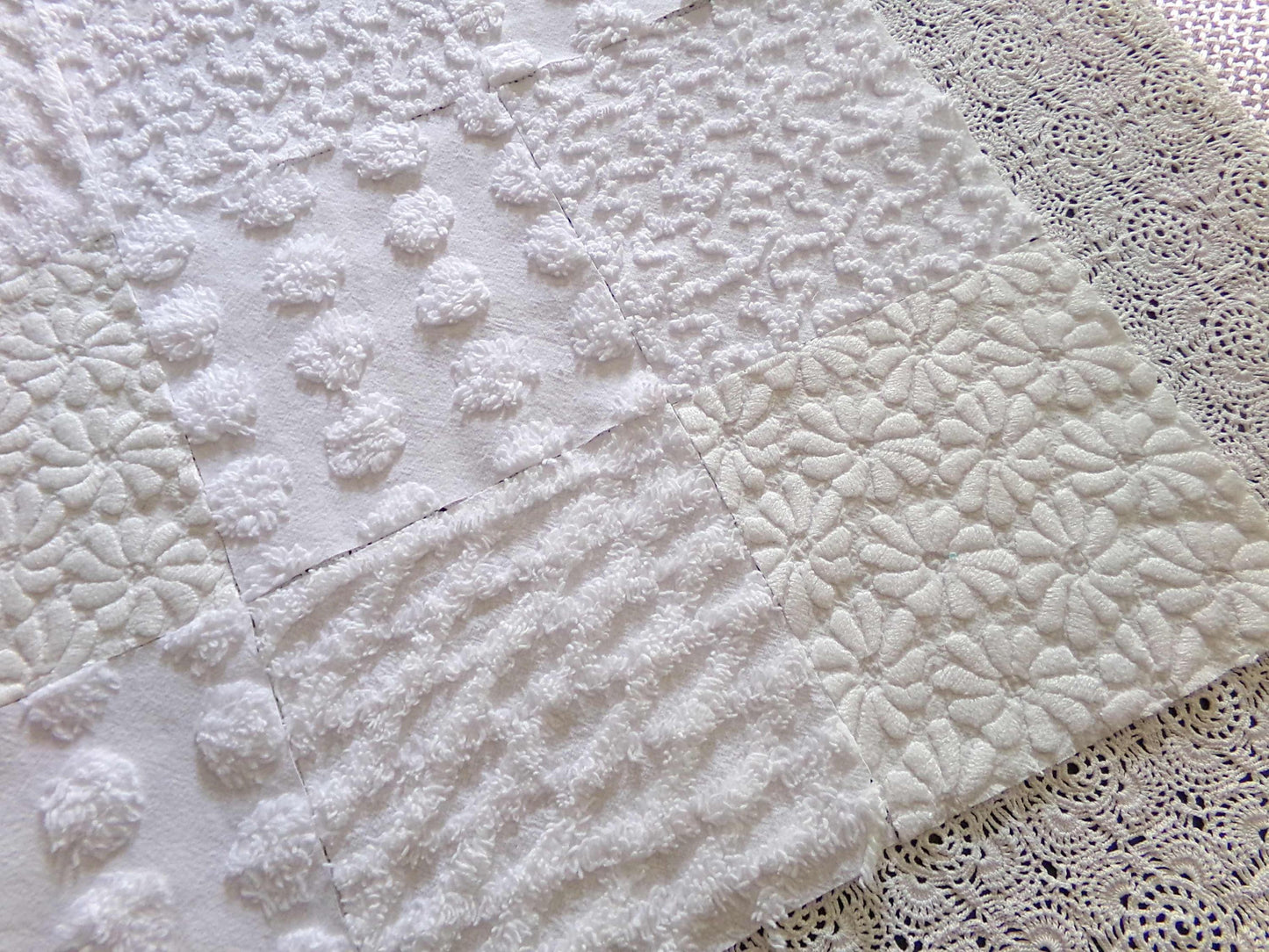 Daisies in Snow Chenille Fabric Squares, Set of 16 Quilt Blocks, 6" each in Shades of White, Great Neutral Textures