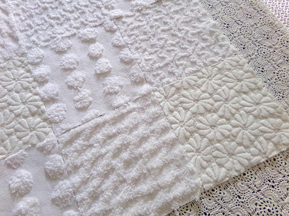 Daisies in Snow Chenille Fabric Squares, Set of 16 Quilt Blocks, 6" each in Shades of White, Great Neutral Textures
