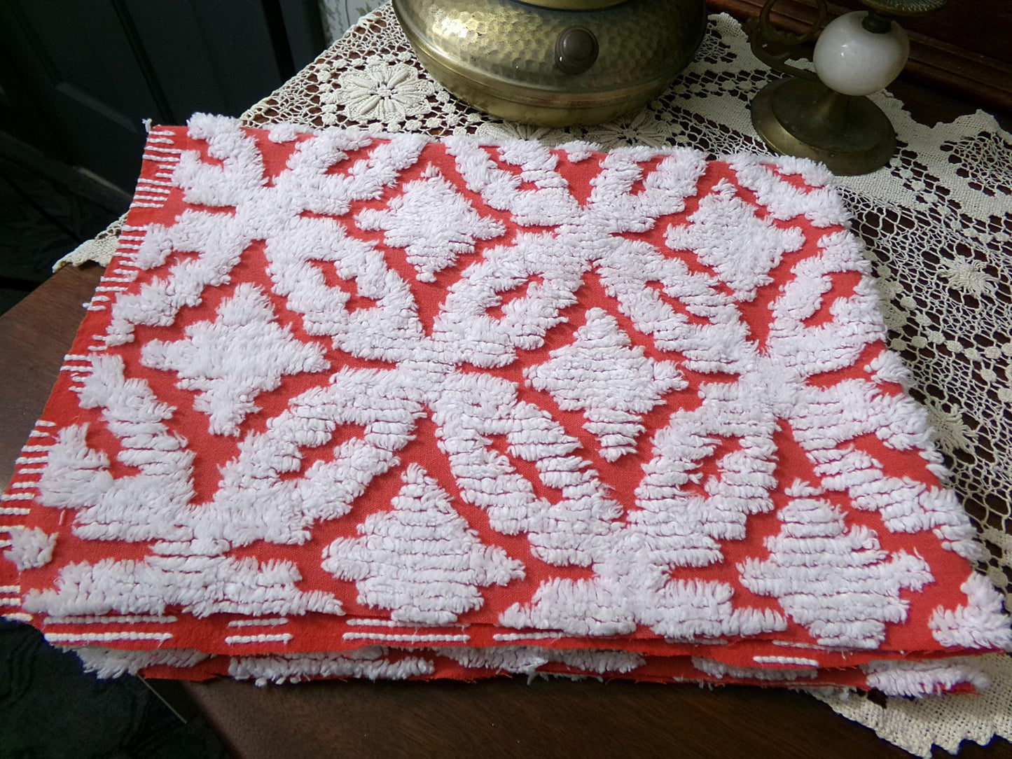 Classic Red Vintage Chenille Fabric, tufted white geometric designs, piece sewing craft quilt material, 18" x 24"