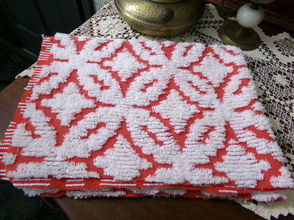 Classic Red Vintage Chenille Fabric, tufted white geometric designs, piece sewing craft quilt material, 18" x 24"