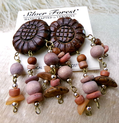 Boho Vintage Silver Forest Wood Dangle Earrings, Pierced Post Back