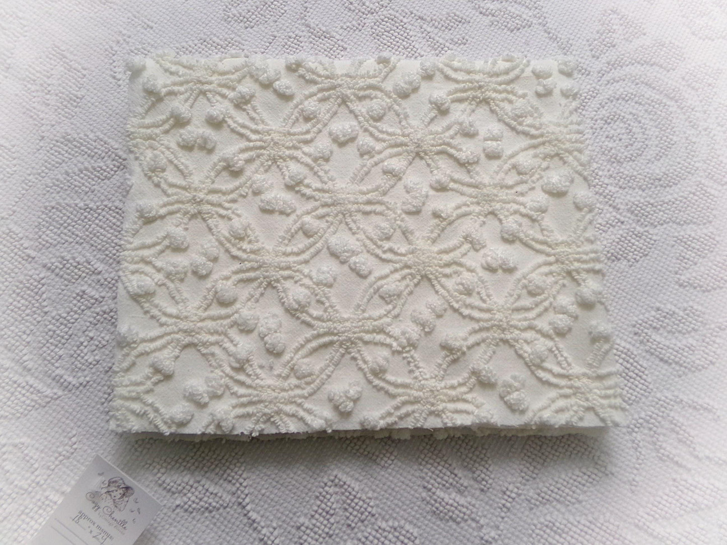 Winter White Snowflakes Vintage Chenille Fabric, neutral tufted pops sewing craft quilt material, 18" x 24" piece