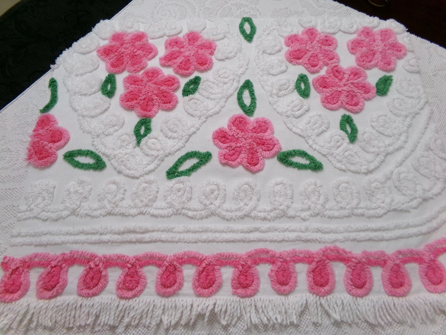 Pink White Floral Vintage Chenille Bedspread Fabric Sewing & Quilt Material 20" x 26"