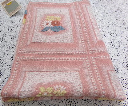 Vintage Pink Floral Fabric, Cotton Woven Cottage Windowpane Design 16.5x23"