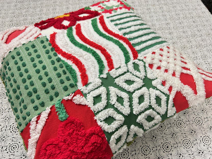 Vintage Christmas Chenille Pillow Cover, 16" Square Reversible Holiday Patchwork Design