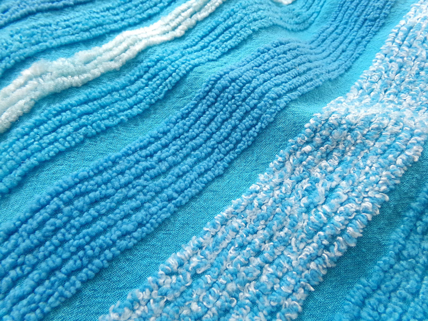 mermaid blue vintage chenille fabric, bright variegated multisize stripes, 20" x 24" piece of sewing material