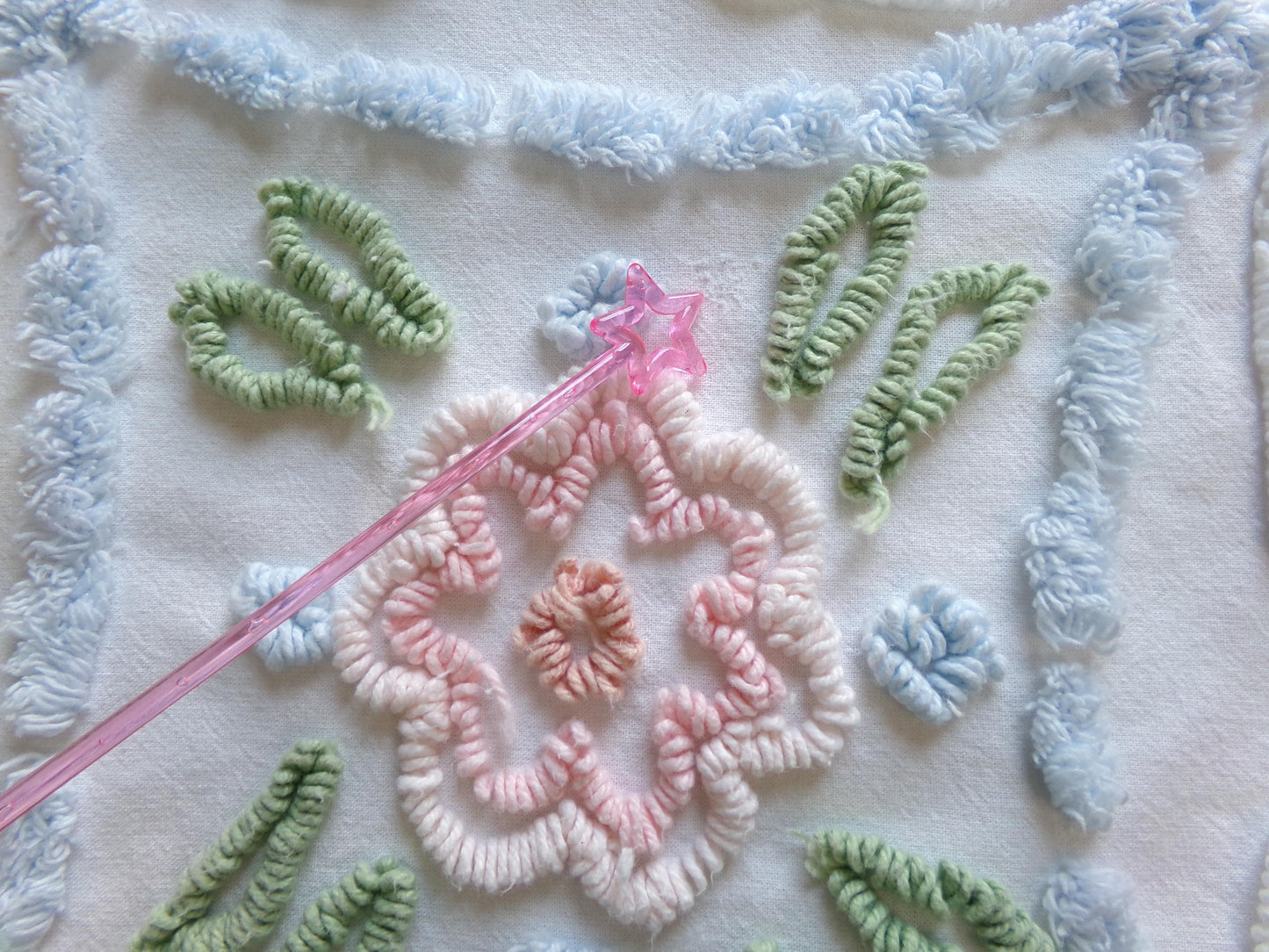 Shabby Cottage Chic Vintage Chenille Fabric, 25" x 21" Piece of White Pink Blue Floral Cotton Sewing Material, Upcycle into Pillows, Quilts