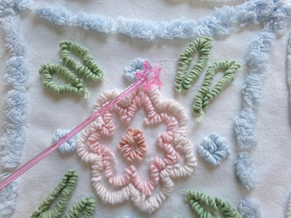 Shabby Cottage Chic Vintage Chenille Fabric, 25" x 21" Piece of White Pink Blue Floral Cotton Sewing Material, Upcycle into Pillows, Quilts