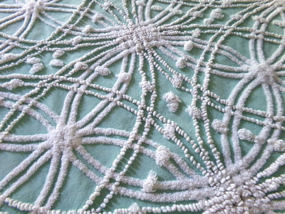 Striking Creamy Jade Green Vintage Chenille Bedspread Fabric, 19" x 23" inch Piece, White Spider Tuft Texturized Design