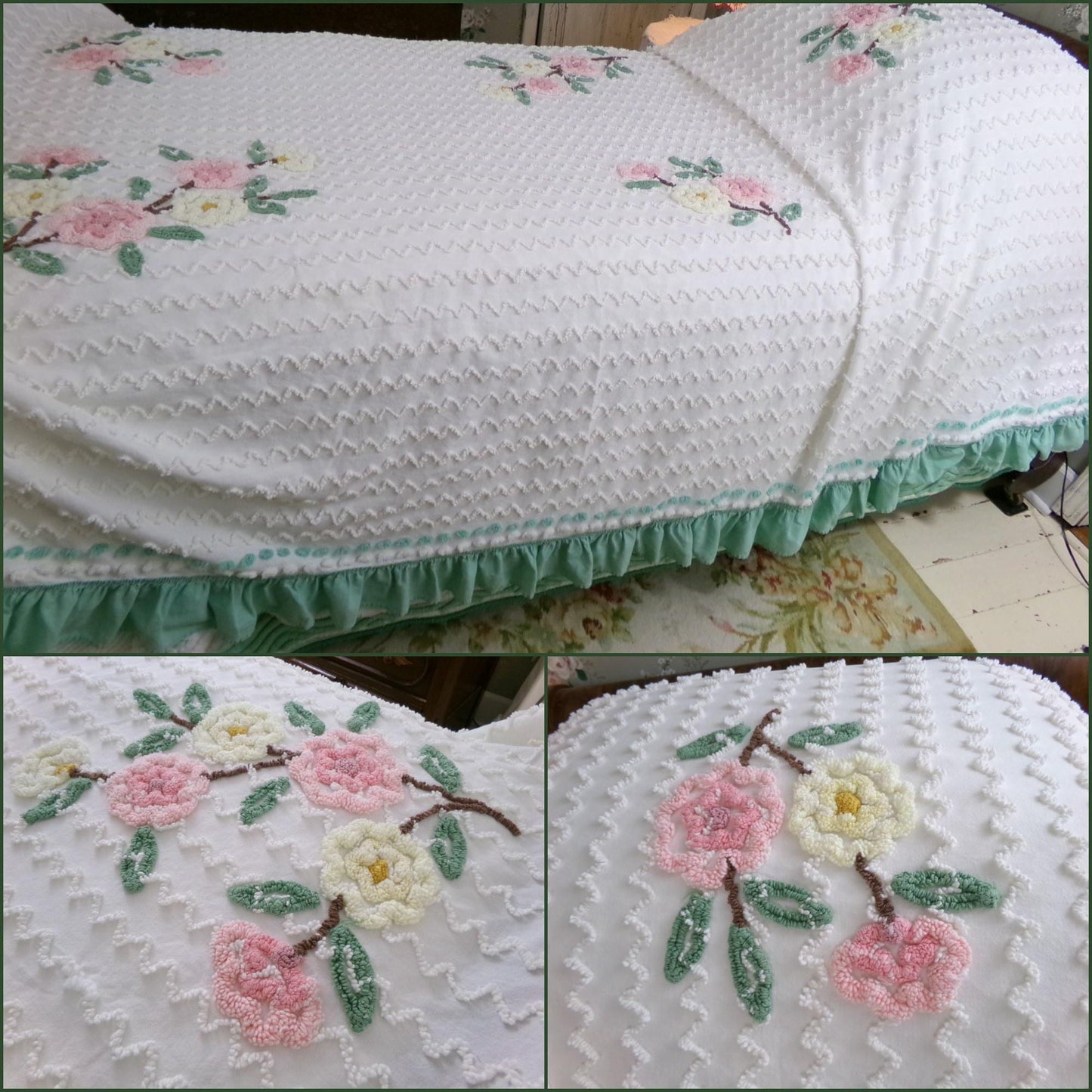 romantic shabby chic vintage chenille bedspread, lightweight 100% cotton summer coverlet with green ruffle trim, twin size bedding