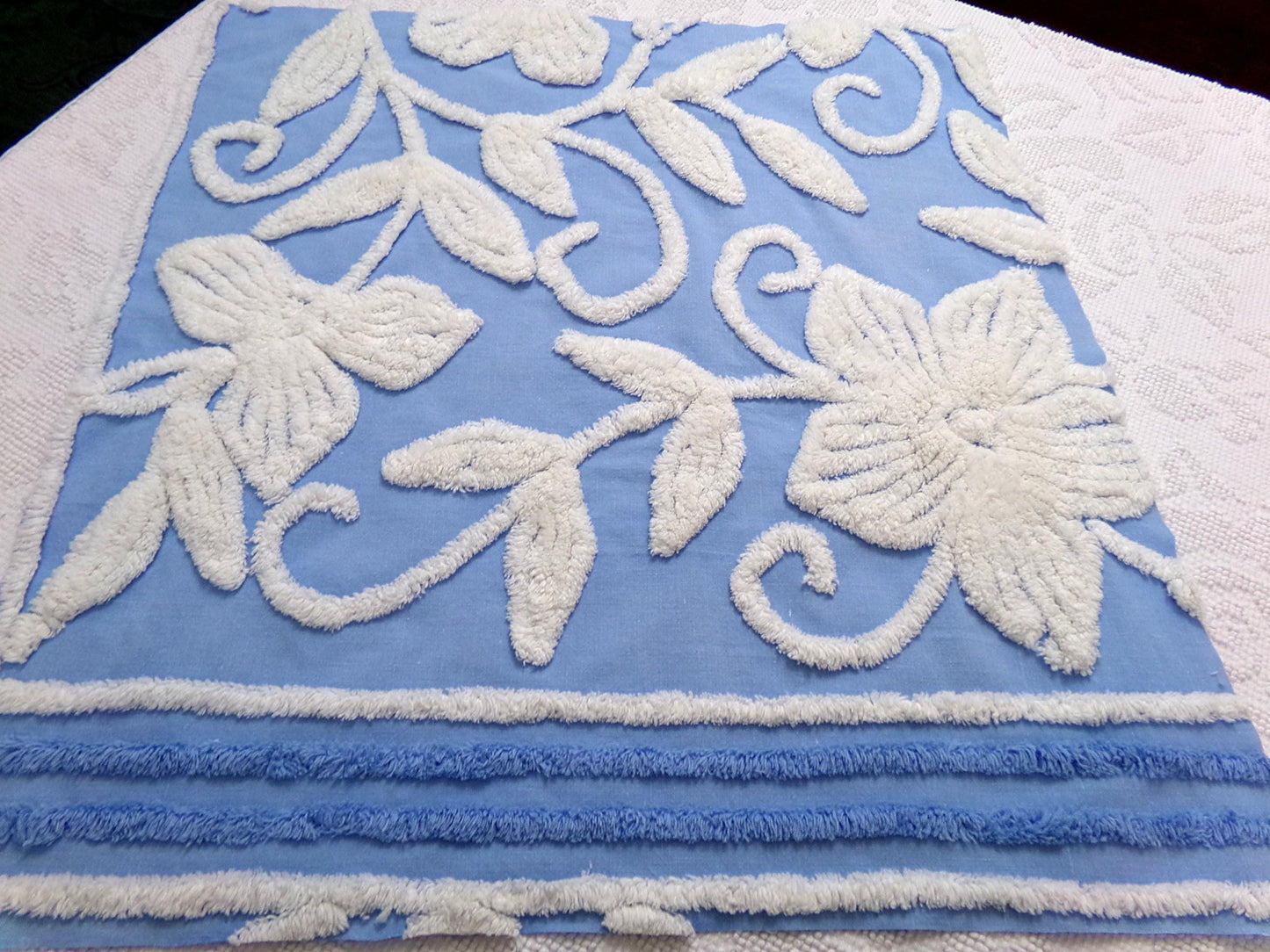 botanical blue vintage chenille fabric, super plush white florals, 21" x 23" piece sewing material