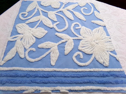 botanical blue vintage chenille fabric, super plush white florals, 21" x 23" piece sewing material