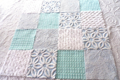 Barefoot on the Beach Chenille Quilt Squares Set from Vintage Bedspread Fabric, 16 Blocks, 6" x 6" inch, Coastal Blues & White