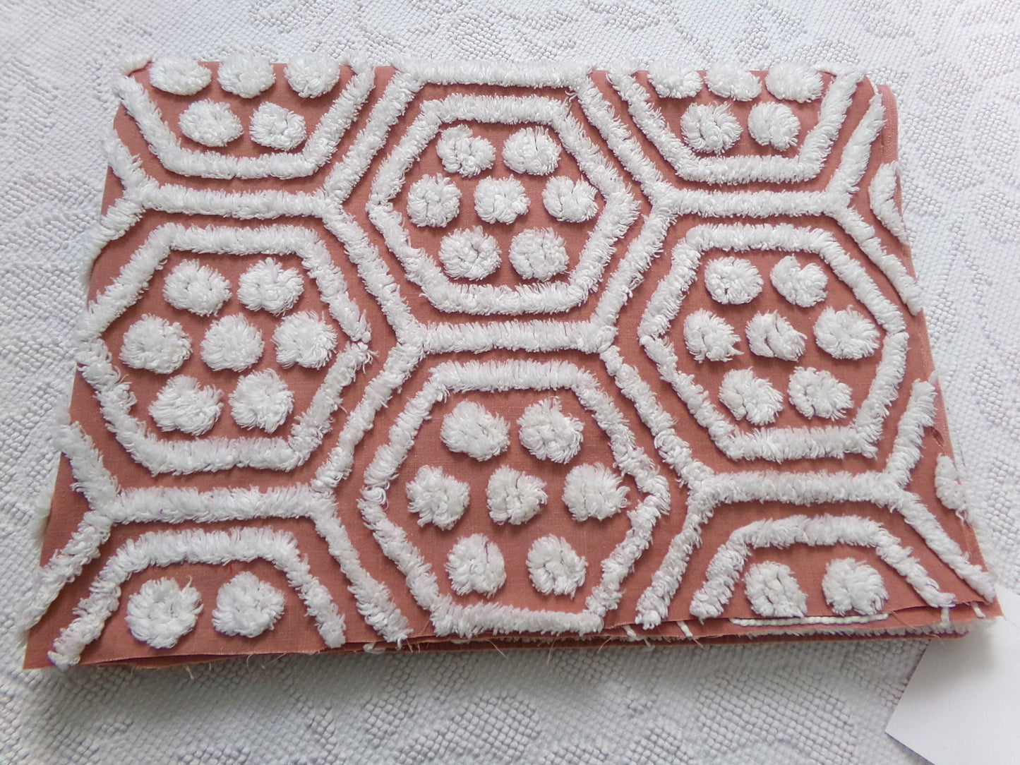 boho vintage chenille fabric, white tufted terracotta geometric design, 18" x 24" quilt material