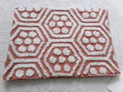 boho vintage chenille fabric, white tufted terracotta geometric design, 18" x 24" quilt material