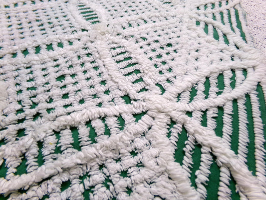 green & white vintage chenille bedspread fabric, 18" x 26" geometric design