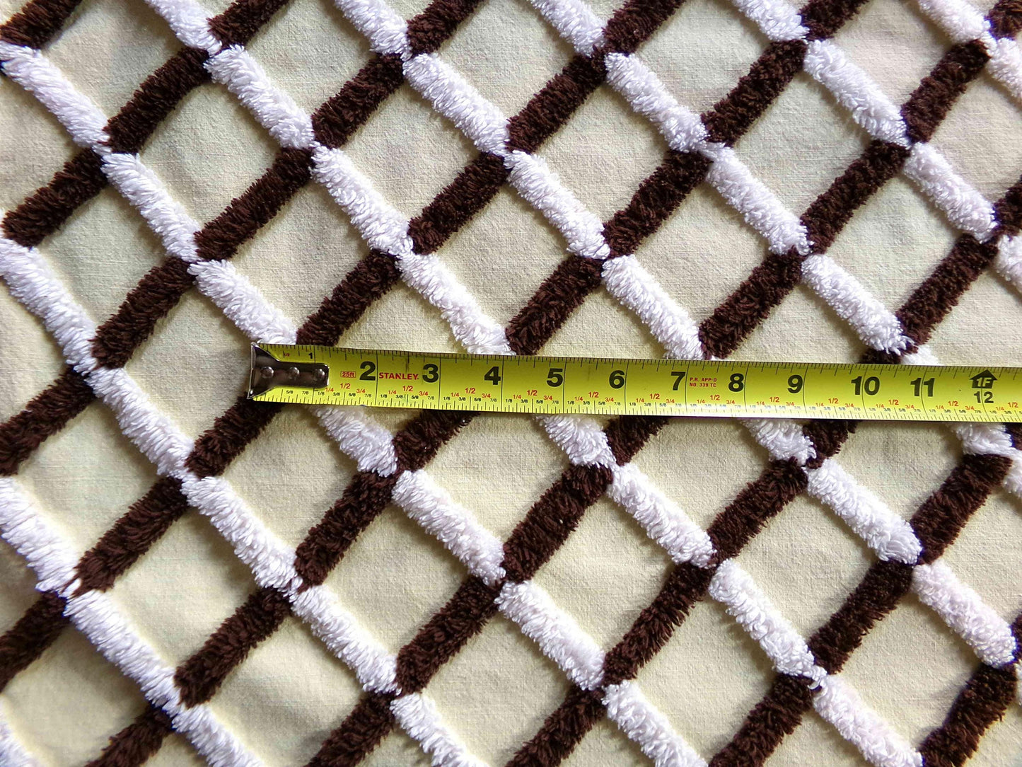 buttery yellow vintage chenille fabric in chocolate white crosshatch pattern, unique 20" x 25" piece of quilt material for crafts & sewing