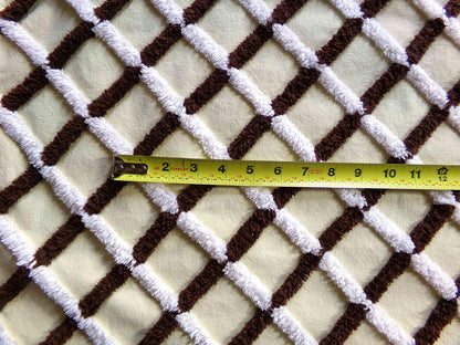 buttery yellow vintage chenille fabric in chocolate white crosshatch pattern, unique 20" x 25" piece of quilt material for crafts & sewing
