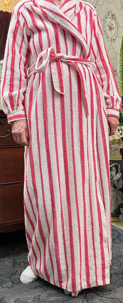 Vintage Chenille Robe Red & White Candy Stripe, Full Length Women’s Small Bathrobe
