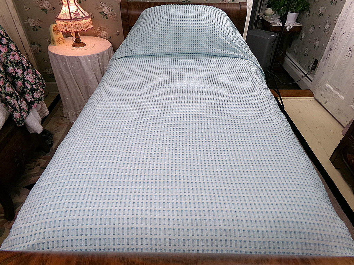 Powder Blue Vintage Chenille Bedspread, Texturized Barbells & Shag Edge Morgan Jones Full Sz