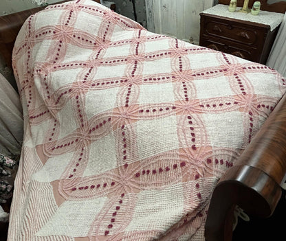 Pink Vintage Chenille Bedspread, Geometric Wedding Ring Dot Design, Full Size
