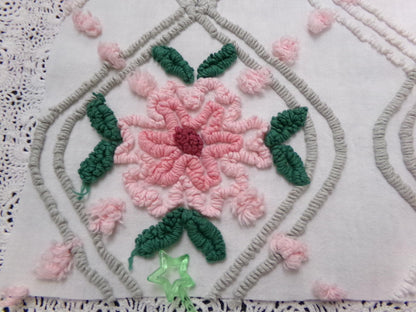 Dove Grey Pink Rose Vintage Chenille Bedspread Fabric Quilt Sewing Material 15" x 24"
