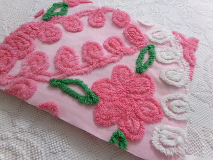 Pink Floral Vintage Chenille Bedspread Fabric, shabby cottage sewing craft quilt material, 20" x 24" piece