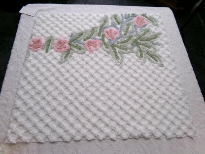 climbing tulips vintage chenille fabric in plush pink & white offset floral trellis design, 26" x 24" piece of sewing material