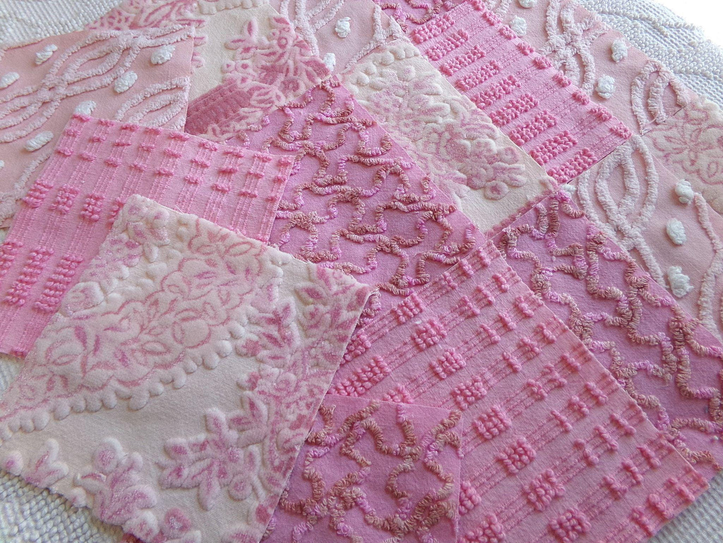 pixie princess velvet & chenille fabric squares, set of 16 pink vintage 6" quilt blocks for crafting, quilt inlays, pillows, fiber arts