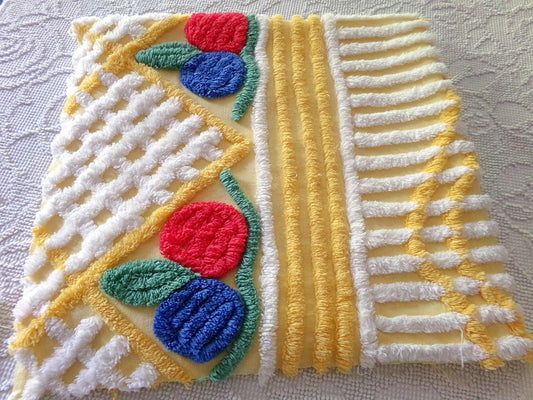 Happy Vintage Chenille Fabric, Red & Blue Rosettes on Yellow Geometric, 29" x 30" inch piece