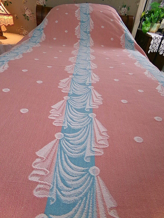 old hollywood regency style vintage woven bedspread, pink fieldcrest twin coverlet