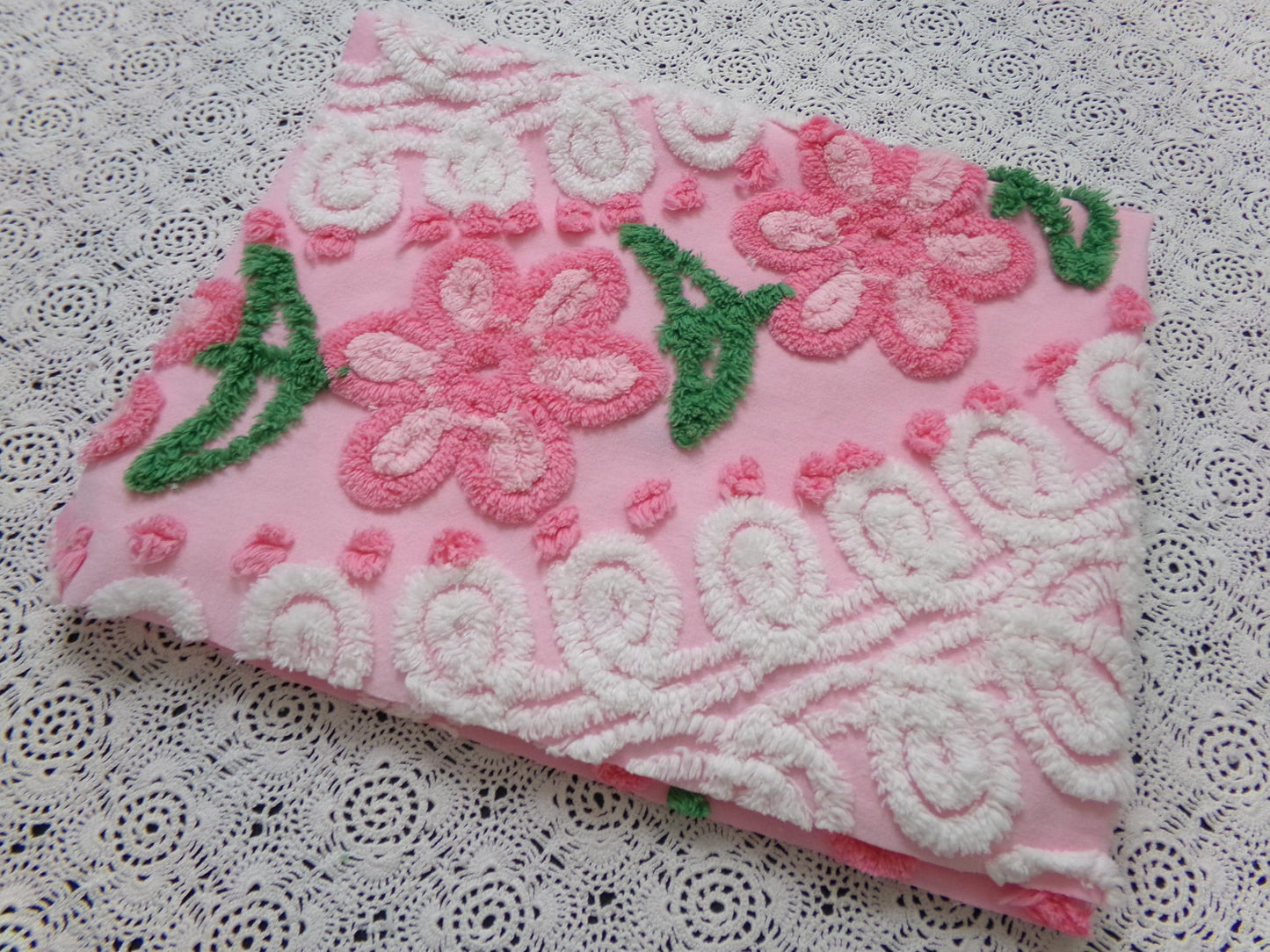 SweetPea Pink Floral Arc Vintage Chenille Bedspread Fabric, 20" x 25" piece